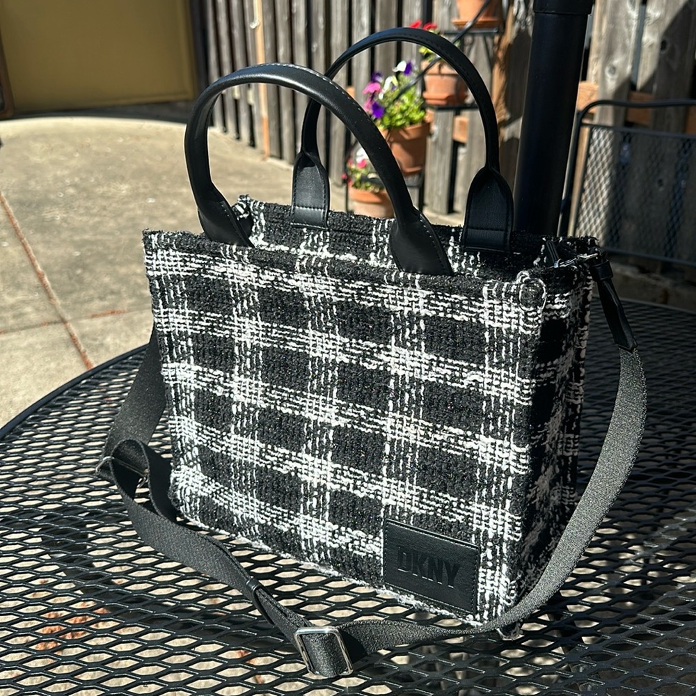 DKNY Hadley medium tweed black & white tote NWOT. 12” W, 10” H, 6” D.